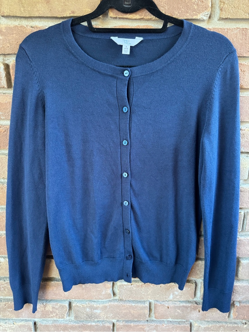 Time and Tru Navy Button-Front Crewneck Cardigan